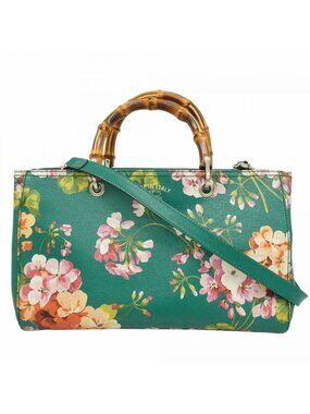 Gucci Handbag GG Blue Mus Bamboo Leather Green Silver 2-Way Bag